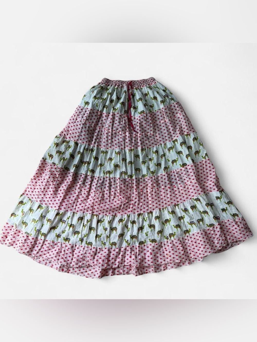Indian Floral & Animal Print Tiered Maxi Skirt - Pink and Light Blue
